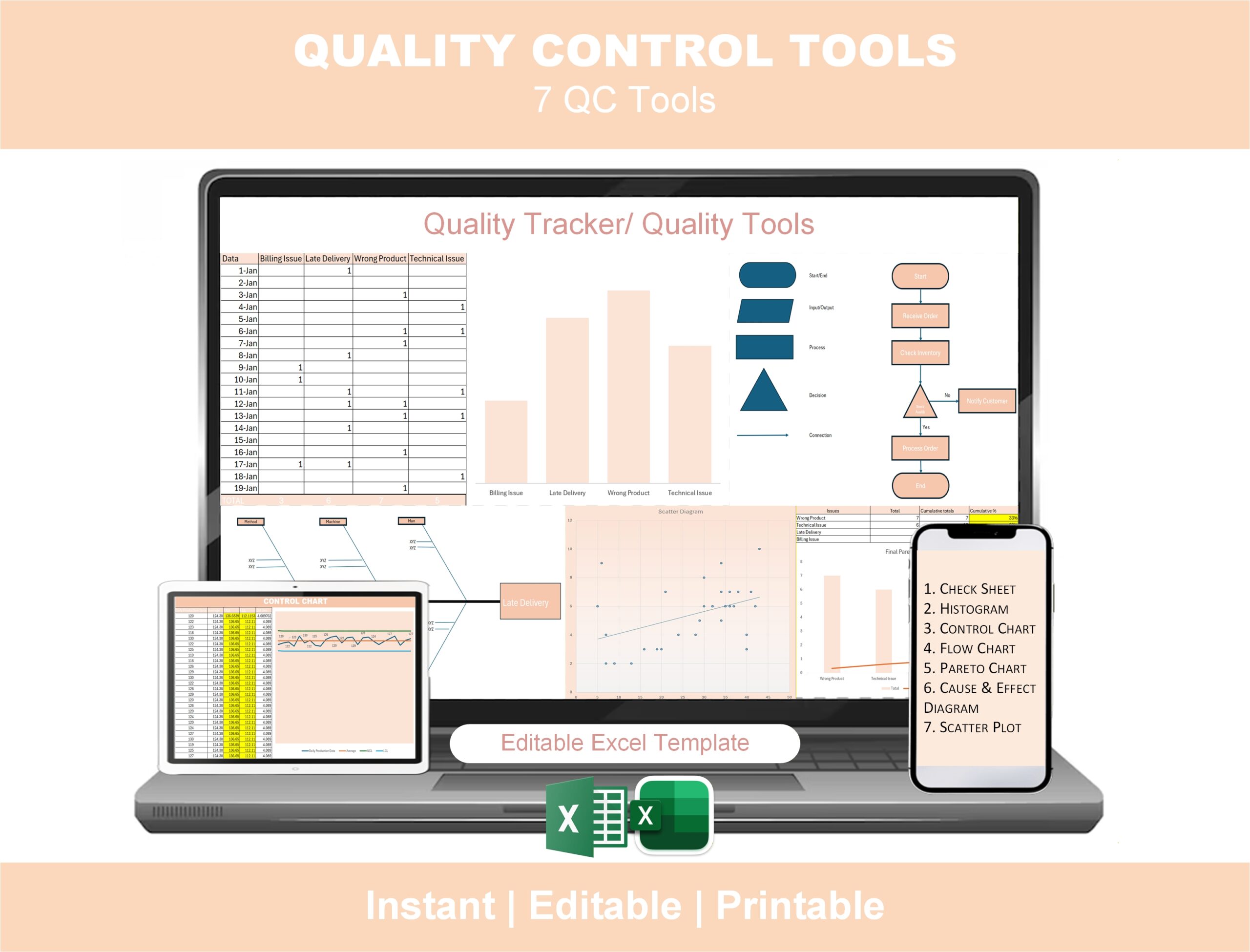 7 QC Tools Excel template Quality Control pack