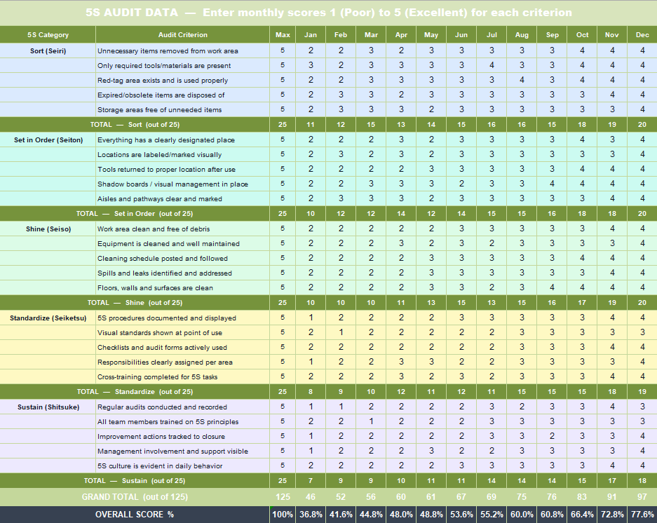 5S audit data entry sheet with 25 criteria scored 1 to 5 across 12 months in Excel